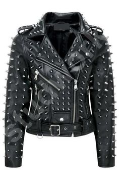 Biker's Conical Studs Shoulder Epaulets Women's Handmade Gothic Leather Steampunk Waist Belt Jacket Studded Jacket made with 100 % Genuine Top Quality Cowhide Leather Conical Studs Steampunk Jacket High-Quality Studs. Each securely added by hand Cropped, Vintage - Inspired / Moto / Fit 0.9 to 1.0 MM Cowhide Leather used Soft Real Leather All sizes Available Make sure to Look at the size chart below before selecting your size. We can offer you customized size/ customized design and Color Changes If you want we can write your name or logo on the Jacket Belt Jacket, Dungeon Room, Baddie Fashion, Steampunk Jacket, Fringe Leather Jacket, Studded Jacket, Belted Jacket, Rock Chic, Long Hair Girl