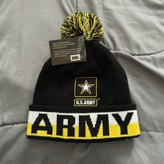 the army beanie hat is on display