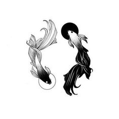 two black and white drawings of fish with long tails, one in the shape of a moon