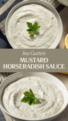 two white bowls filled with horseradish sauce and garnished with parsley