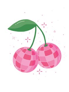 two pink cherries with green leaves on them