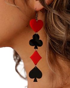 "These cute suite earrings are perfect for any queen of hearts or a night out in Vegas! House of Cards Earrings - Lightweight earrings for music festivals, raves & more! - Features all 4 suites in red and black - Exclusive design by OSR - Designed, handmade & laser cut in Las Vegas, NV - Stainless steel ear wire & jump ring - Rubber earring back included - 4\" X 1\" acrylic charms" Retro Jewelry For Valentine's Day Party, Fun Jewelry For Valentine's Day Party, Fun Party Jewelry For Valentine's Day, Fun Valentine's Day Party Jewelry, Novelty Earrings For Valentine's Day Party, Novelty Earrings For Party On Valentine's Day, Novelty Jewelry For Valentine's Day Party, Queen Of Hearts Rave, Night Out In Vegas