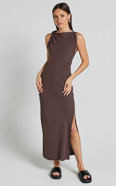 Jessenia Maxi Dress - Linen Look High Neck Dress in Chocolate Casual Brown Halter Neck Maxi Dress, Summer Brown Halter Neck Midi Dress, Brown Sleeveless Stretch Maxi Dress, Fitted Brown Halter Neck Dress, Luxury Brown Sleeveless Maxi Dress, Brown Image, Festival Vibes, Dress Linen, Linen Maxi Dress