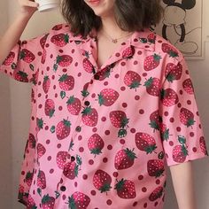 Pink Strawberry Aesthetic, Pink Blouse Outfit, Strawberry Blouse, Strawberry Outfit, Strawberry Aesthetic, Strawberry Pink, Strawberry Print, Kawaii Clothes, Harajuku Fashion