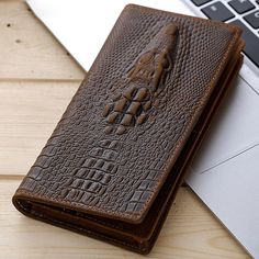 Woosir Vintage Look Genuine Leather Long Wallet Mens Alligator Wallet, Brown Cowhide, Pockets Fashion, Unique Gifts For Men, Best Wallet, Crocodile Pattern, Wallet Pattern, Wallet Organization, Genuine Leather Wallets