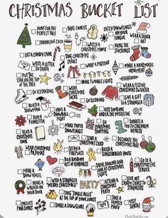 a christmas bucket list is shown in this hand drawn doodled style with words and pictures