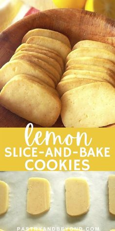 sliced and bake lemon cookies in a wooden bowl on top of a baking sheet