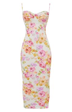 Ravishing and romatic, this flowery dress is lilted with lace and designed with a bustier bodice featuring undewire support. Exclusive retailer Sweetheart neck Lined 97% polyester, 3% elastane with 100% polyester contrast Dry clean Imported Floral Corset Midi Dress, House Of Cb Pink Floral Dress, Floral Feminine Dresses, House Of Cb Floral Dress, Dresses For Thick Body Types, Romantic Outfits For Women, Summer Dinner Dress, Dress Made Of Flowers, Summer Dress Flowers