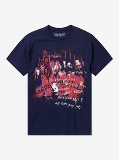 Toss out all your tattered and torn tees and make room for this new Slipknot one! Featuring a distressed photo of the band on the front  covered with verbiage and their "S" logo. The back highlights the dates for their '99 tour.100% cottonWash cold; dry lowImportedListed in men'sunisex sizes Blue Screen Print T-shirt For Concert, Alternative Style Graffiti Print T-shirt For Streetwear, Alternative Graffiti Print T-shirt For Streetwear, Graphic Tee With Graffiti Print For Alternative Fashion, Grunge Band Logo T-shirt For Music Festivals, Cotton T-shirt With Graffiti Print For Alternative Fashion, Alternative Style Summer T-shirt With Graffiti Print, Alternative Style Graffiti Print T-shirt For Summer, Alternative Style Graffiti Print T-shirt For Fans