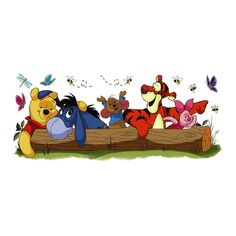 winnie the pooh and friends on a log with butterflies in the sky behind them