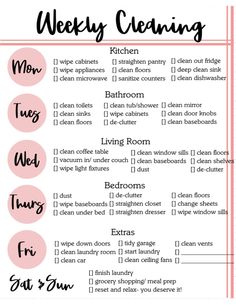 a pink and black cleaning checklist with the words weekly cleaning written in red on it