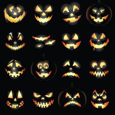 halloween pumpkins with glowing faces on black background