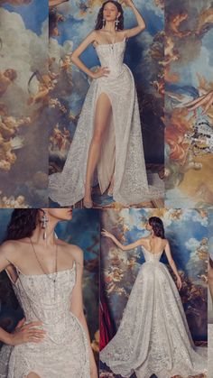 four different shots of a woman in a white dress with high slits on her legs