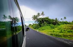 a view from the inside of a vehicle driving down a road with palm trees in the background