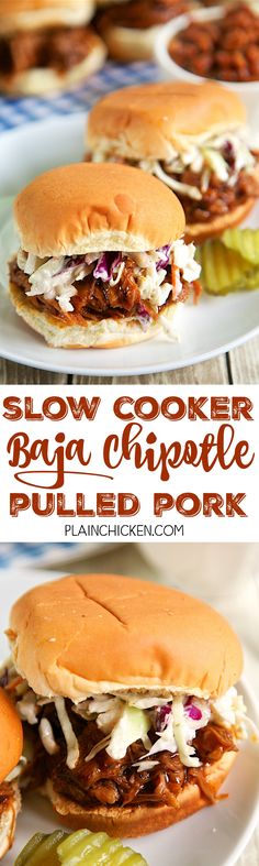 slow cooker bbq chipotle pulled pork sandwiches with pickles on the side