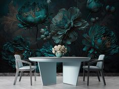 a dining table with two chairs and a vase on it in front of a floral wallpaper