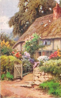 a painting of a cottage with flowers on the front