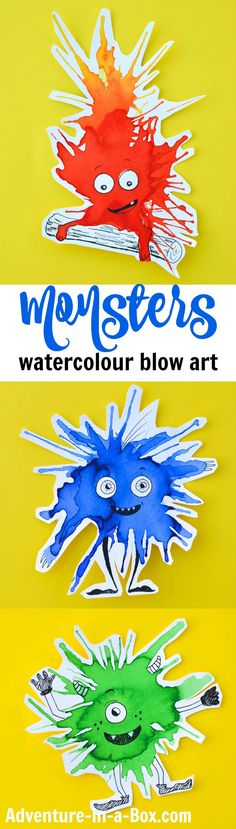 watercolor blow art project for kids to make with the monster and fire hydrant