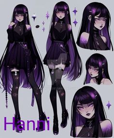 an anime character with purple hair and black clothes