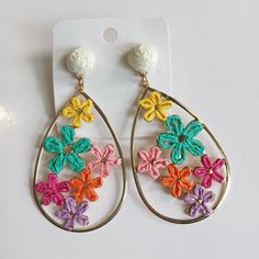 Rattan Flowers Dangle Earrings New A Little Heavy Length Is 6 Multicolor Flower Shaped Jewelry For Summer, Multicolor Flower-shaped Jewelry For Summer, Spring Beach Earrings In Flower Shape, Handmade Yellow Earrings For Spring, Gold Bohemian Teardrop Earrings For Summer, Gold Teardrop Earrings For Summer, White Teardrop Earrings, Colorful Flower Earrings For Spring, Summer Bohemian Gold Teardrop Earrings