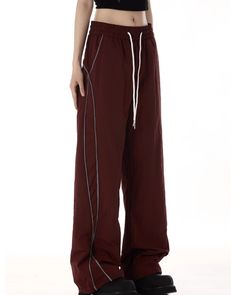 Track pants with a side line.

The loose silhouette makes it easy to wear.

A must-have item that has a loose yet fashionable feel and is perfect for a clean look.
◾️Model
Height/Weight：166cm(65.3in)/44kg(97.0lb)
Fitting Size：L
◾️Material
polyester  100%




Cm(inches)
Length
Waist
Hip


M
100(39.3)
68(26.7)
110(43.3)


L
102(40.1)
72(28.3)
114(44.8)


XL
104(40.9)
76(29.9)
118(46.4)


2XL
106(41.7)
80(31.5)
122(48) Casual Burgundy Bottoms For Streetwear, Casual Burgundy Wide-leg Pants, Little Top Big Pants, One Piece Top, Outfit Formulas, Must Have Items, Wide Pants, Aesthetic Vintage, Height And Weight