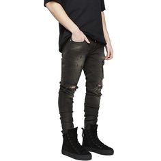 Mens Black Stacked Distressed Ripped Jeans  Features    Product ID: L097   Season: Spring, Summer, Autumn   Material: Cotton, Denim   Color: Light Blue, Black   Fit: Skinny  Featured: Knee Ripped  Softness: Medium   Thickness: Medium   Stretch: Not Elastic    Size Info   S:      Waist 35.6″ | Hip 47.5″ | Length 49.5″ M:    Waist 37.6″ | Hip 50.0″ | Length 49.5″ L:      Waist 40.1″ | Hip 52.4″ | Length 50.0″ XL:   Waist 42.5″ | Hip 54.9″ | Length 50.5″ 2XL: Waist 45.0″ | Hip 57.4″ | Length 51.0″