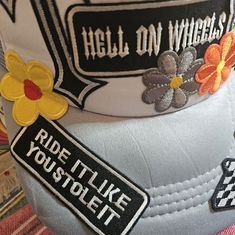 Brand New Trucker Hat. Has 10 Patches. One Says Hell On Wheels And The Other Ride It Like You Stole It! Very Cute And Sassy! White Fun Trucker Hat For Spring, Gray Summer Trucker Hat, One Size Fits Most, Gray Summer Trucker Hat One Size, Gray Trucker Hat For Summer, Gray Summer Trucker Hat, White Casual Trucker Hat For Spring, Trendy White Trucker Hat For Spring, Hell On Wheels, Ride It