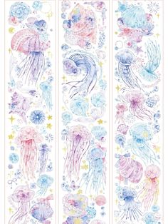 two watercolor drawings of jellyfishs and other marine creatures with stars on them