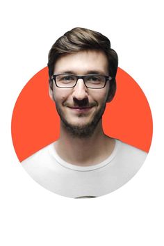 a man with glasses and a beard in front of an orange circle on a white background