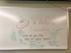 a white board with writing on it that says taco tuesday and what do you like most on your faces?