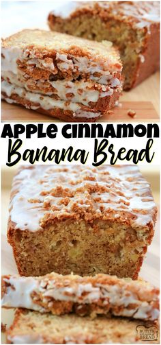 an apple cinnamon banana bread with icing on top is cut in half and stacked high