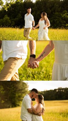 a man and woman holding hands while standing in the middle of a field with tall grass