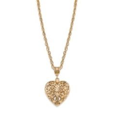 2028 14K Gold-Dipped Filigree Heart with Swarovski Crystal Accent Necklace 18" - Gold Gold Filigree Jewelry With Heart Pendant, Gold Filigree Heart Pendant Jewelry, Gold Heart Pendant Jewelry With Filigree, Elegant Heart Pendant Locket Necklace With Filigree, Elegant Filigree Heart Pendant Locket Necklace, Elegant Heart Shaped Filigree Locket Necklace, Gold Heart-shaped Filigree Jewelry, Gold Heart Filigree Necklace, Gold Filigree Heart Necklace