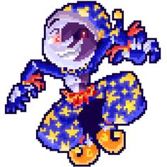 an image of a pixel art character in blue and yellow dress with stars on it