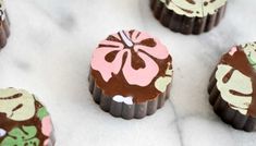 chocolates decorated with pink and green flowers on top of snow