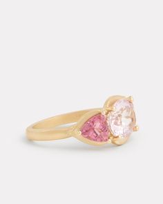 18K Yellow Gold Kunzite Oval and Pink Tourmaline Trillion Ring with Diamonds, .05 TCWOrnament is 5/8 Inch x 1/2 Inch Style# YRMHKUPTW Trillion Ring, Pink Tourmaline, Druzy Ring, Tourmaline, Diamonds, Yellow Gold, Ring, Yellow, Pink