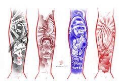 four different colored tattoo designs on the arms and legs, each with an image of a person's face