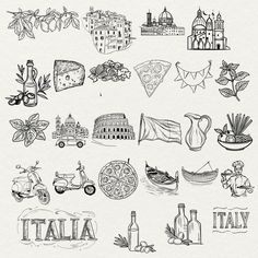 the italian symbols are drawn in black and white, including pizzas, wine bottles, cheese