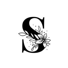 the letter s with flowers and leaves on it's uppercase is shown in black