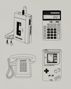 four different types of electronic devices are shown in black and white, including an old style telephone