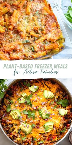 an image of plant - based freezer meals for active families with text overlay