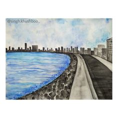 a drawing of a city by the water with buildings in the background and blue sky