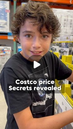 a young boy looking at the camera in a store with text reading costo price secrets revealed