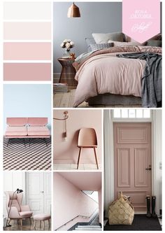 a collage of pink and grey bedroom colors