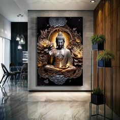 a buddha statue sitting on top of a wooden table in front of a wall mounted painting