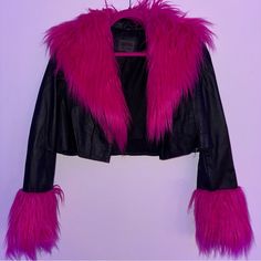 Black Leather Jacket Hot Pink Faux Fur Vintage Unique One Of A Kind Cropped Leather Jacket, Pink Faux Fur, Pink Jacket, Black Leather Jacket, Black Crop, Hot Pink, Faux Fur, Black Leather, Black Pink