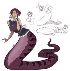 a drawing of a woman sitting on top of a purple snake with her hands in her mouth