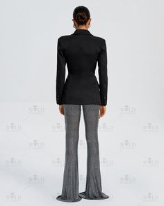 Our Style No.KLYF1097Suit Fabric and RhinestoneHeight - 68.9"/175cm Bust - 34.6"/88cm Waist - 25.6"/65cm Hips - 36.6"/93cm and wears size S About Wholesale/Dropshipping, please contact us!Note: Colour may vary due to lighting on images. The product images (without model) are closest to the true colour of the product. Rhinestone Pants, Pure Black, Suit Fabric, Black Blazer, Product Images, Pants Set, Blazer, Pure Products, Lighting