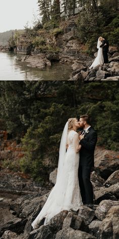 a bride and groom kissing on rocks by the water