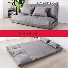 two pictures of a futon bed with pillows on it, and the same one in different colors